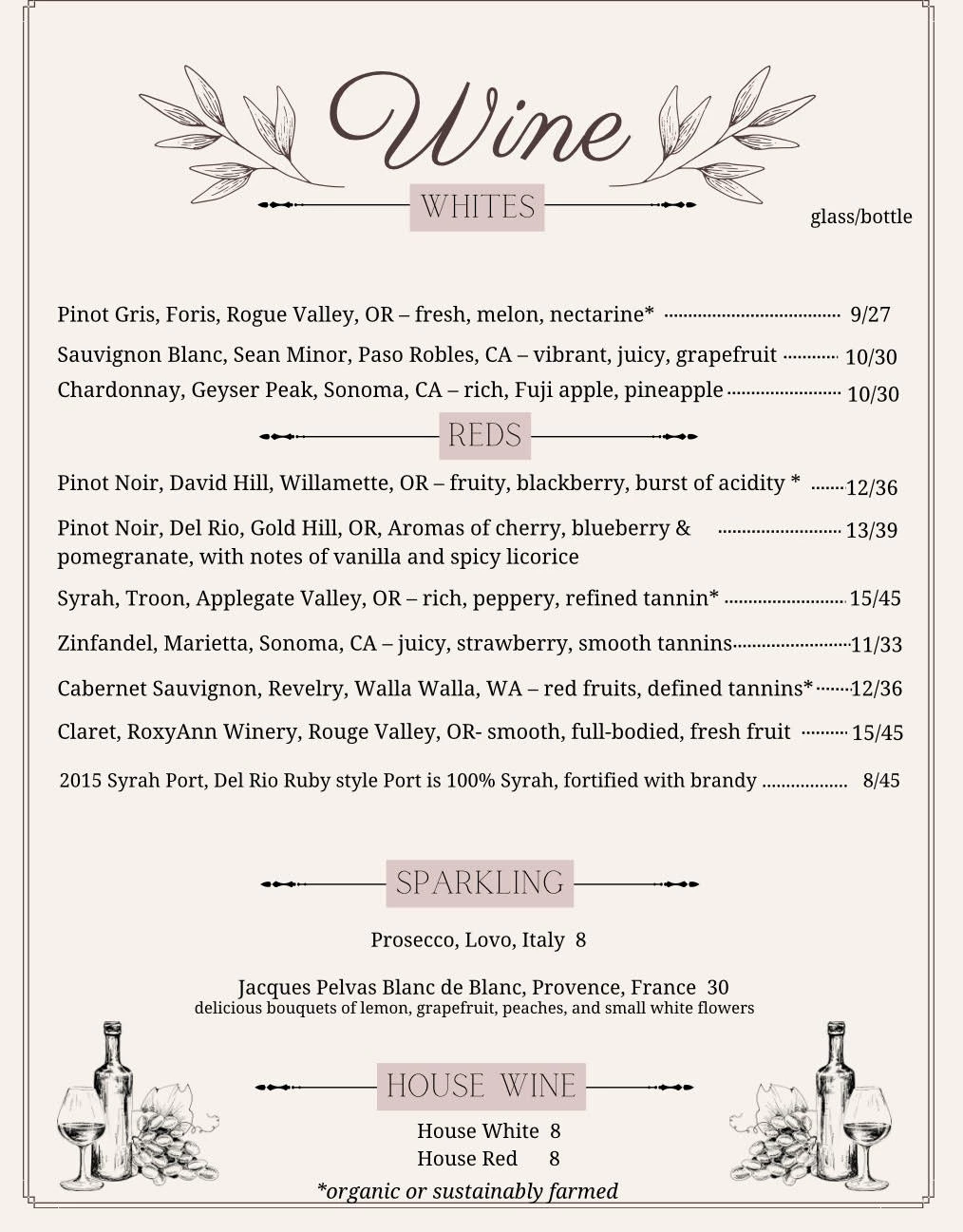 This is a wine menu featuring whites, reds, sparkling, and house wine, with descriptions and prices for each selection.