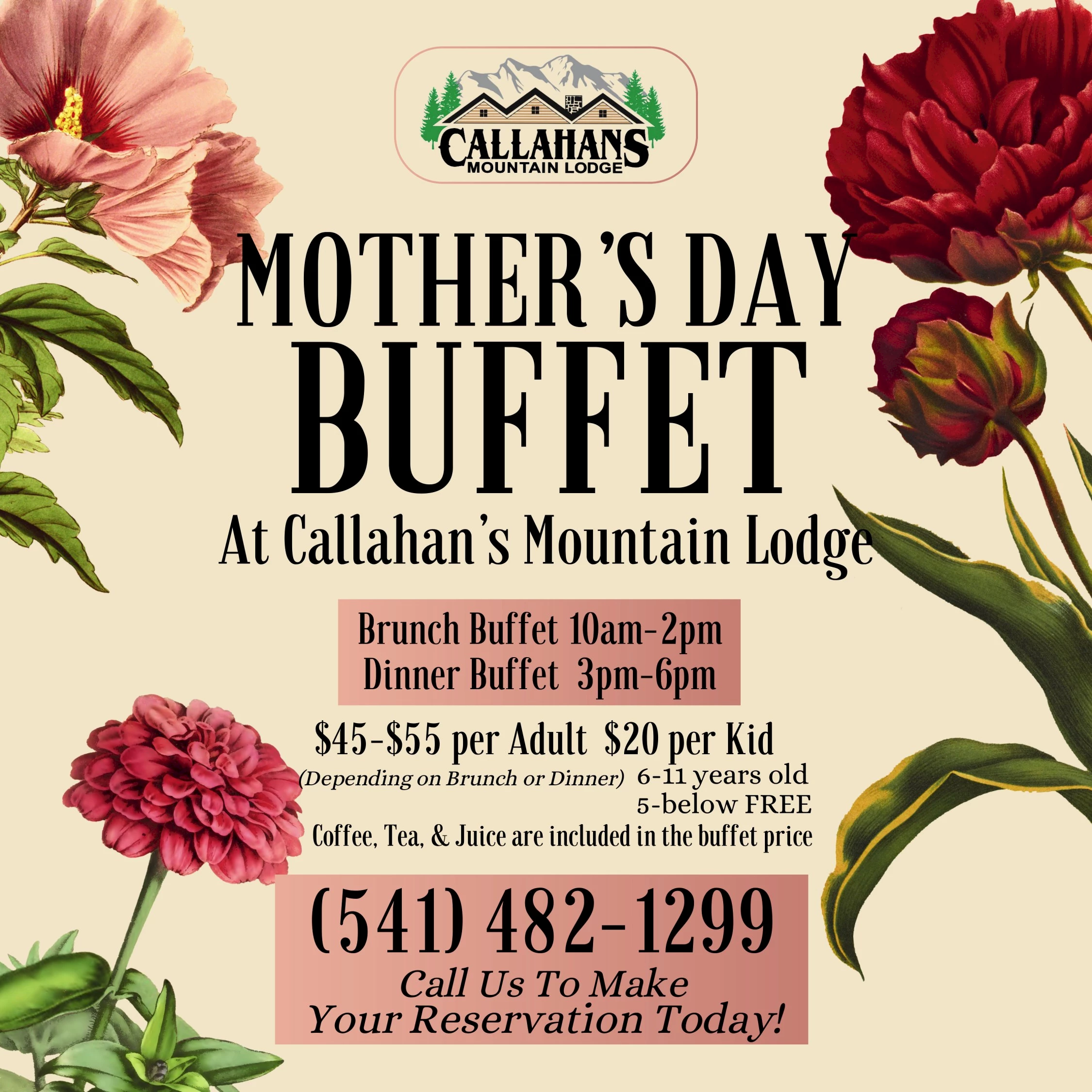 A Mother's Day Buffet is advertised for Callahan's Mountain Lodge, featuring brunch and dinner times, pricing details, and a reservation contact number.
