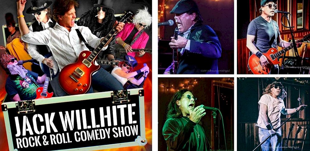 A collage promoting "Jack Willhite Rock & Roll Comedy Show" with images of performers singing and playing guitars on stage.