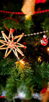 A decorated Christmas tree with hanging ornaments, lights, a wooden star, baubles, and festive garlands.