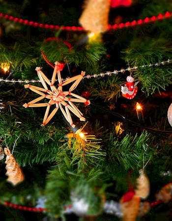 A decorated Christmas tree with hanging ornaments, lights, a wooden star, baubles, and festive garlands.